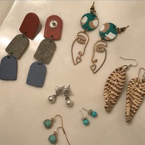 Earrings: gold face, clay color block, rattan woven